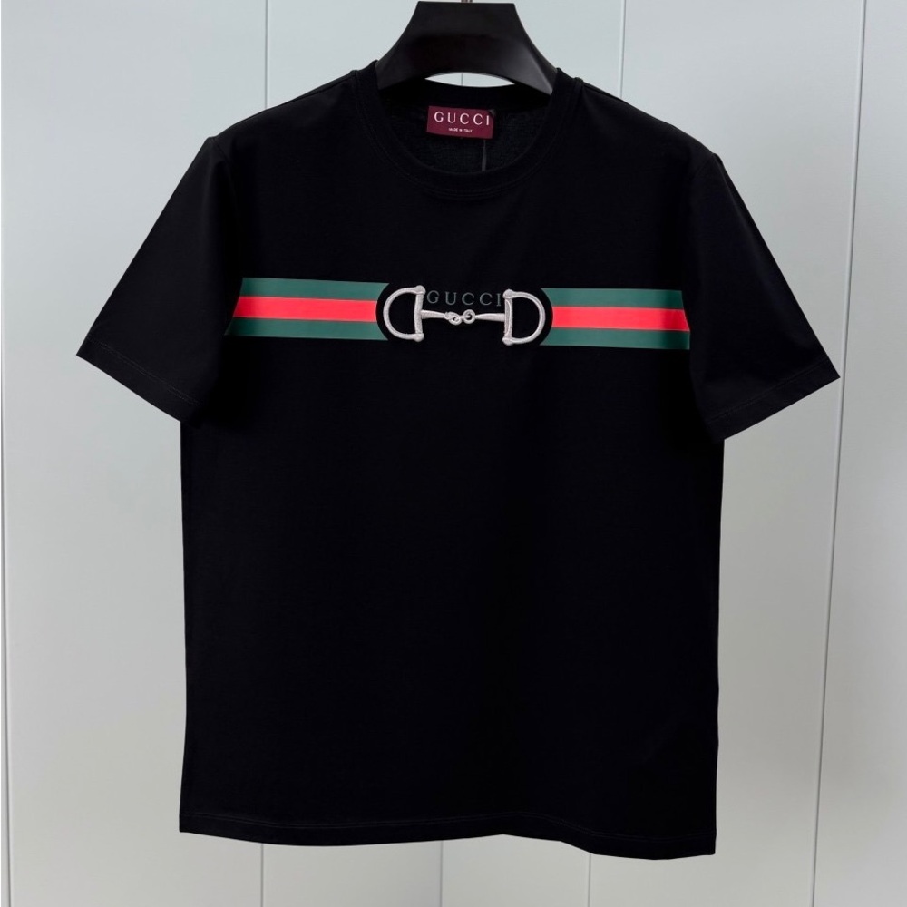 Gucci Black Tee with Green and Red Web and Silver Horsebit